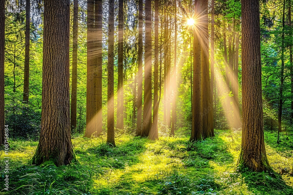 Fototapeta premium Sunlight Streams Through Lush Forest Canopy