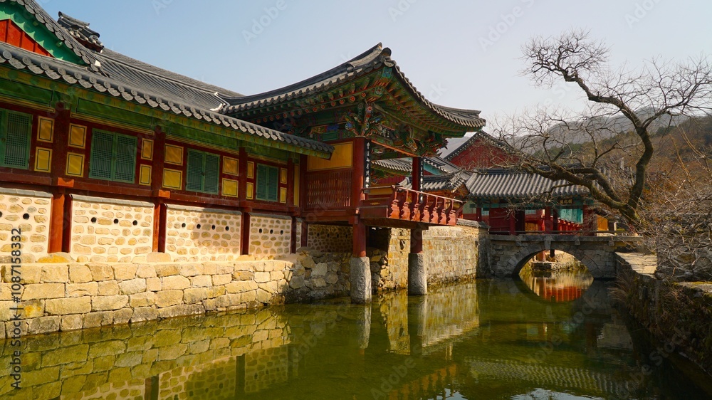 Buddhist temple building next to the stream: Songgwangsa Temple, Suncheon Buddhist temple building next to the stream: Songgwangsa Temple, Suncheon