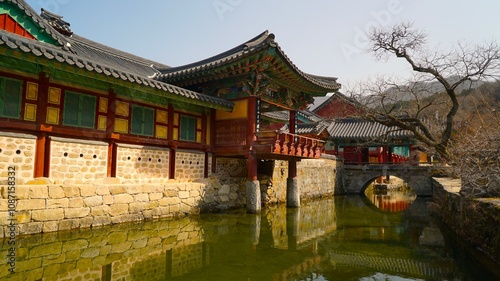 Buddhist temple building next to the stream: Songgwangsa Temple, Suncheon photo