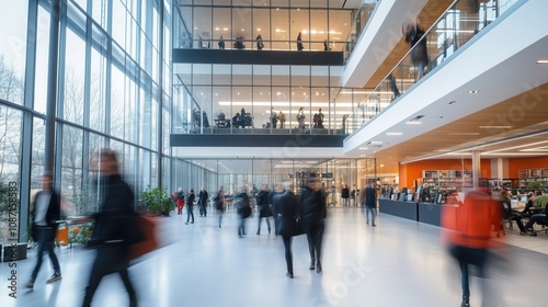 Modern university or public library with large windows, balconies, and a book lending desk is bustling with students and researchers