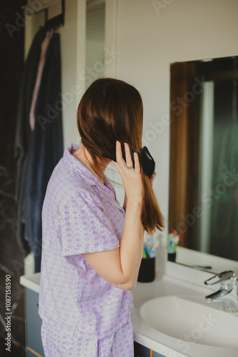 Beauty Routine. Pretty Woman Combing Her Beautiful Hair With Brush While Standing Near Mirror In Bathroom. woman morning routine brushing her hair  photo