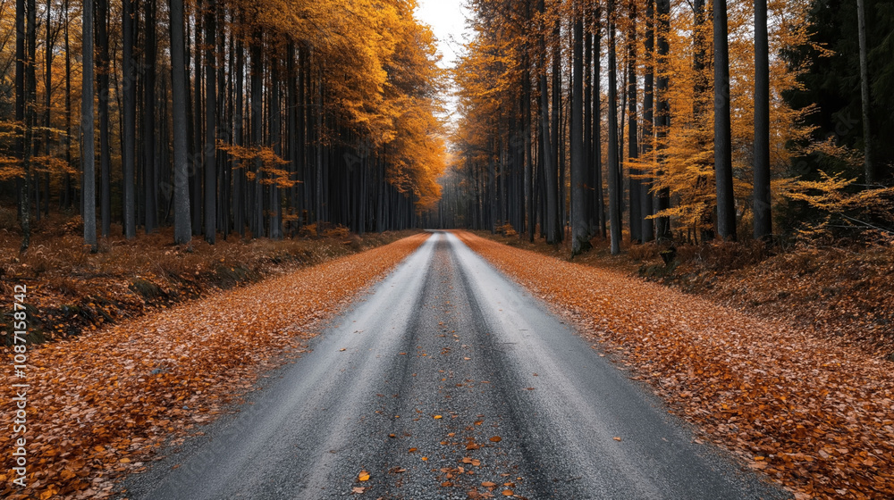 Εκτύπωση καμβά Straight road in a dense autumn forest with tall trees and orange leaves scattered along the path under a canopy of light fall foliage