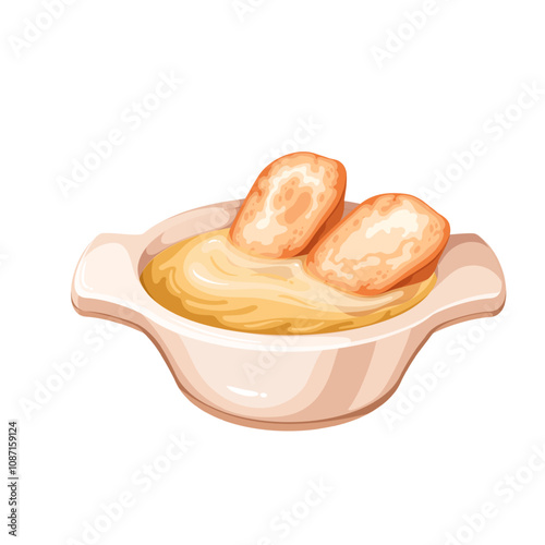 Onion soup, French cartoon gourmet dish. Bowl of baked cheese, caramelized onion and broth with bread croutons serve. Cuisine of France, dinner mascot, cartoon rustic meal in pot vector illustration