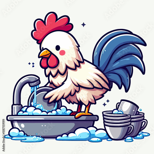 Rooster washing dishes
