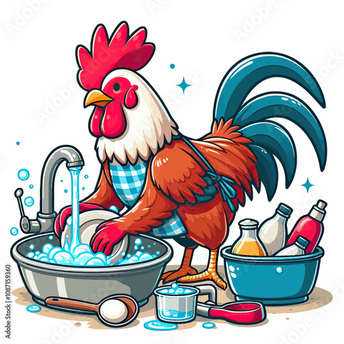 Rooster washing dishes