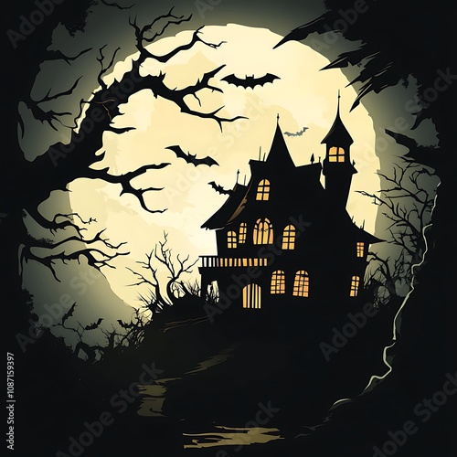 Haunted House with Full Moon and Bats photo