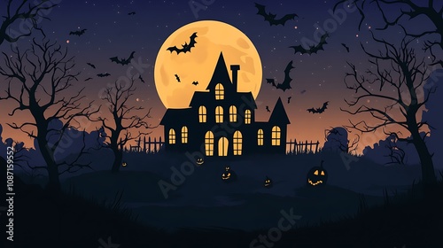 Haunted House with Full Moon and Bats photo