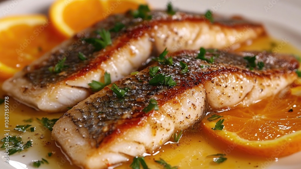 Grilled Fish. A beautifully plated dish of pan-seared sea bass with fresh parsley, served on a stylish plate and elegant, blurred background.