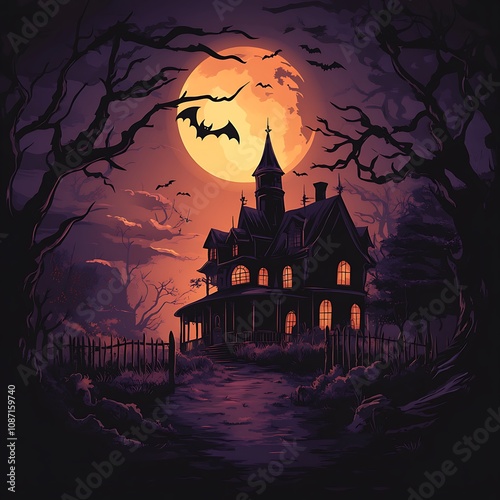 Haunted House with Full Moon and Bats photo