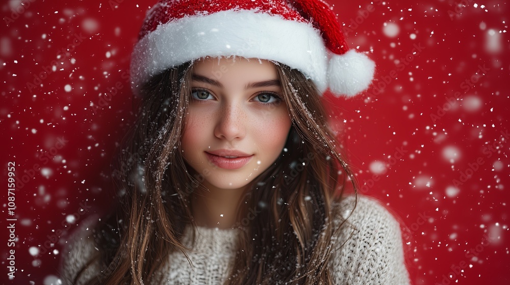 A woman wearing a red and white hat and a white sweater is standing in the snow. She has a smile on her face and she is enjoying the winter weather A woman wearing a red and white hat and a white sweater is standing in the snow. She has a smile on her face and she is enjoying the winter weather