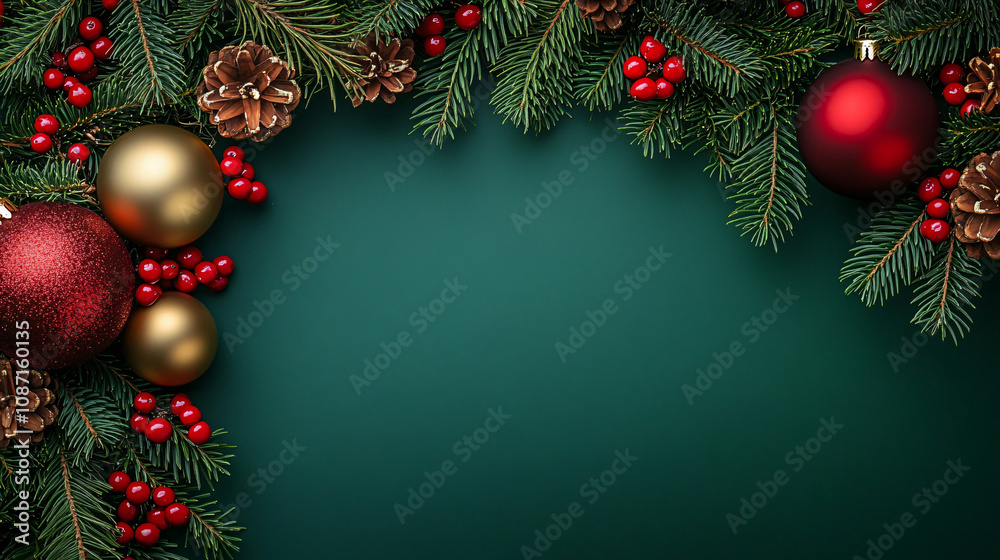 A warm and inviting Christmas-themed scene featuring vibrant red and gold ornaments on lush evergreen branches, perfect for customizable holiday banners or cards. A warm and inviting Christmas-themed scene featuring vibrant red and gold ornaments on lush evergreen branches, perfect for customizable holiday banners or cards.