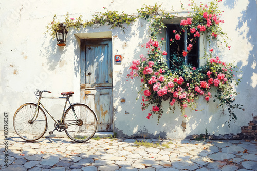 A bicycle parked in front of a white building with flowers on the wall photo