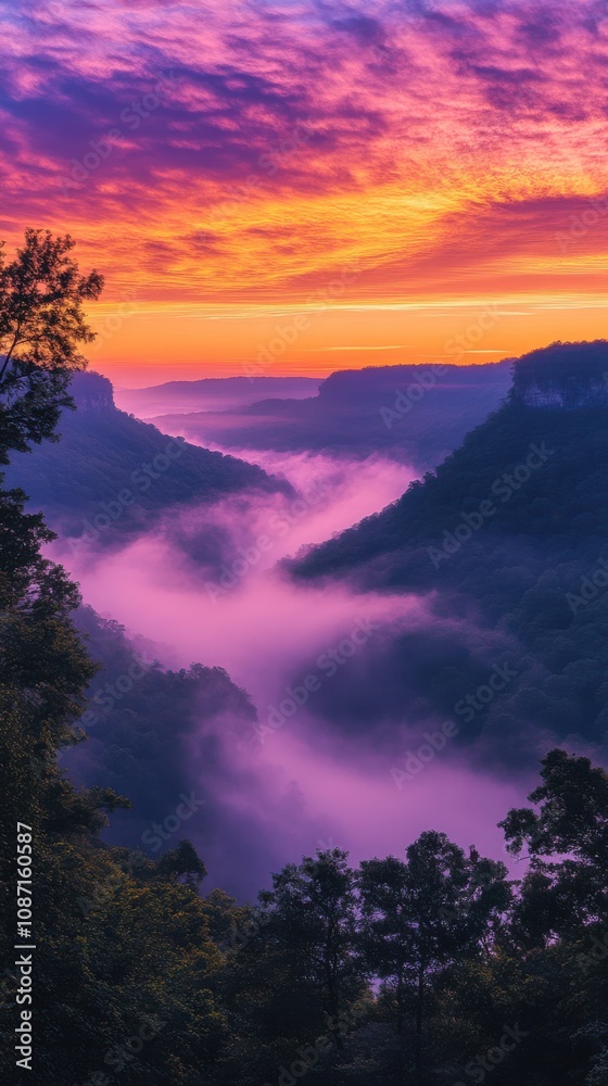 Majestic sunrise over misty canyons with vibrant colors lighting up the sky in a tranquil setting Majestic sunrise over misty canyons with vibrant colors lighting up the sky in a tranquil setting