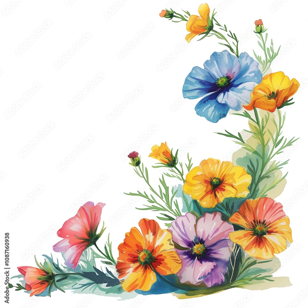 Fototapeta premium Watercolor illustration of delicate wildflowerson a clean white background.