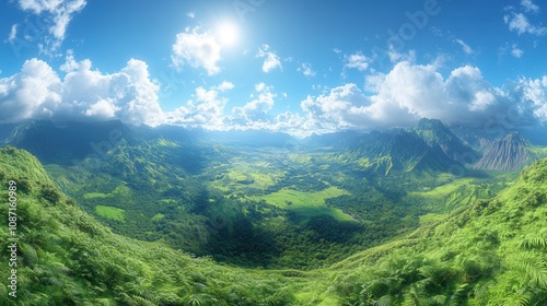 Lush green valley under a bright sun with rolling hills and vibrant clouds in paradise