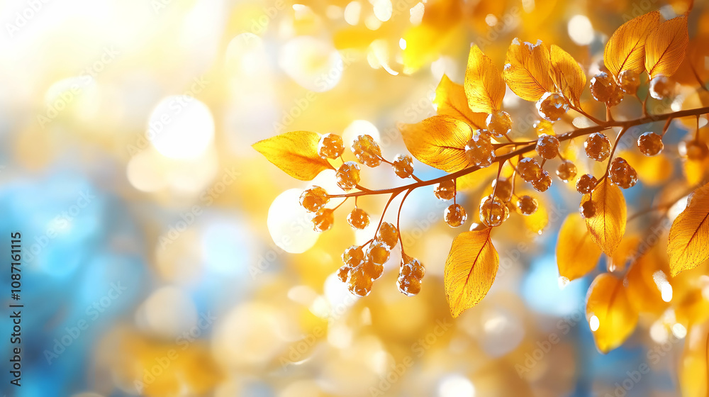 A Close-Up of a Branch with Golden Leaves and Transparent Berries Glowing in the Sunlight, Creating a Warm and Dreamy Autumnal Scene A Close-Up of a Branch with Golden Leaves and Transparent Berries Glowing in the Sunlight, Creating a Warm and Dreamy Autumnal Scene