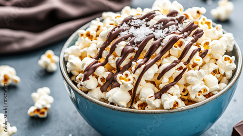 Delicious popcorn drizzled with chocolate and sprinkled with salt in bowl, perfect for movie nights or snacking. Enjoy this sweet and salty treat!