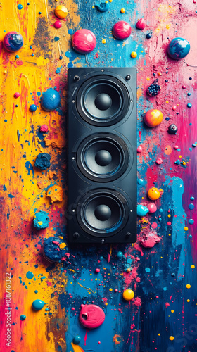 A pair of speakers sitting on top of a colorful surface photo