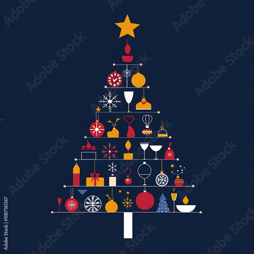 Colorful and Creative Christmas Tree Illustration with Decorative Ornaments on a Dark Blue Background Perfect for Holiday Themes and Festive Designs