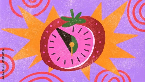 Tomato timer illustration on colorful textured background