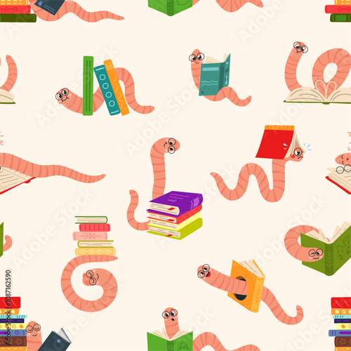 Cartoon bookworms seamless pattern. Cute worm and books. Childish print for fabric, education banners, wallpaper, wrapping. Readers vector background
