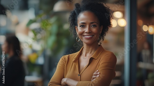 A woman with a smile on her face is standing in a room with a plant behind her. She is wearing a brown shirt and has her arms crossed photo