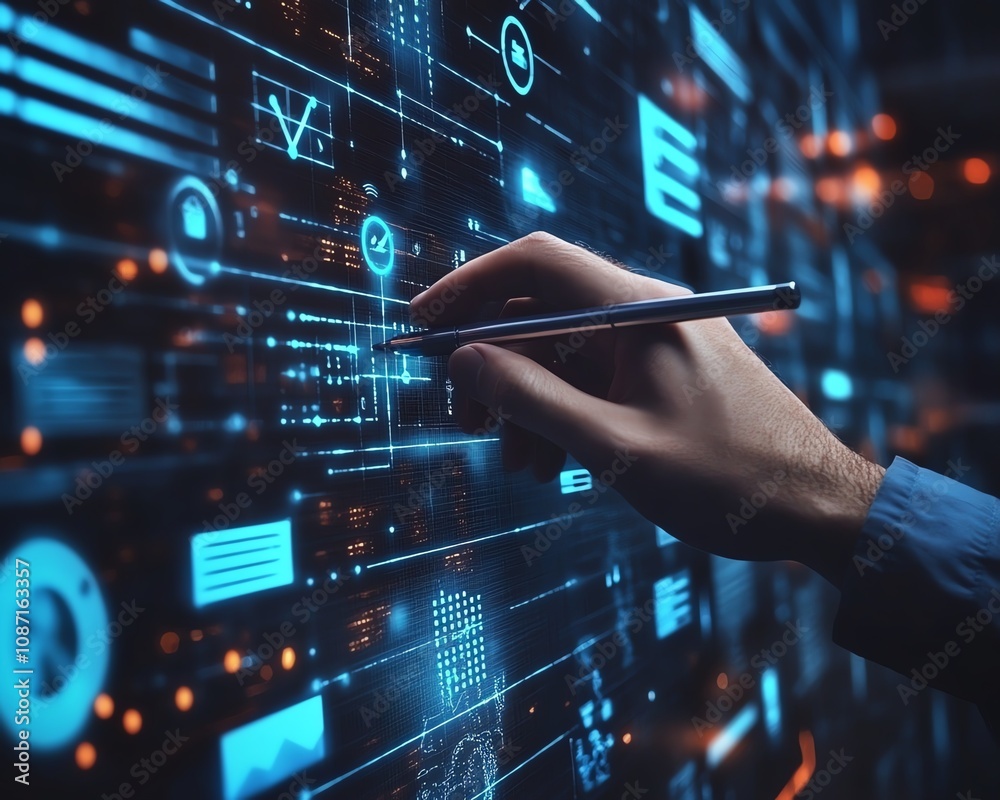 Digital document management system hologram, man using a pen to touch a check mark, files and data floating in a hightech environment Digital document management system hologram, man using a pen to touch a check mark, files and data floating in a hightech environment