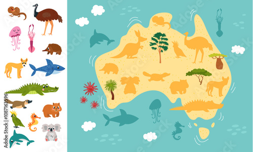 Children play template. Find right animal silhouette. Australia map with ocean world. Australian cartoon animals, koala crocodile kangaroo, vector game