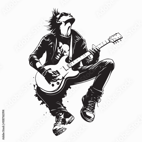Rock star with guitar. Rock Roll Guitar Player Stock Vectors and Vector Art on white background.