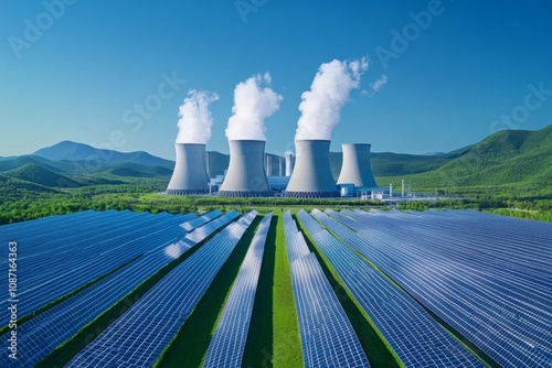 Aerial view of a power plant nuclear reactor  powered by sustainable energy with solar panels .	
