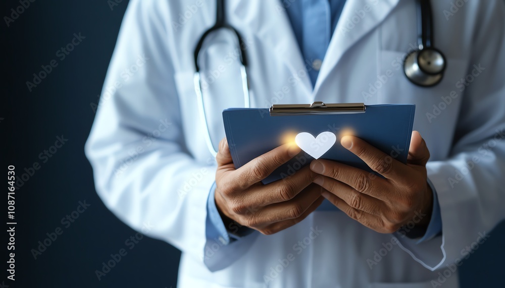 Doctor holding a clipboard with glowing medical icons overlay on a blue background, concept of healthcare, medical insurance, and checkups Doctor holding a clipboard with glowing medical icons overlay on a blue background, concept of healthcare, medical insurance, and checkups