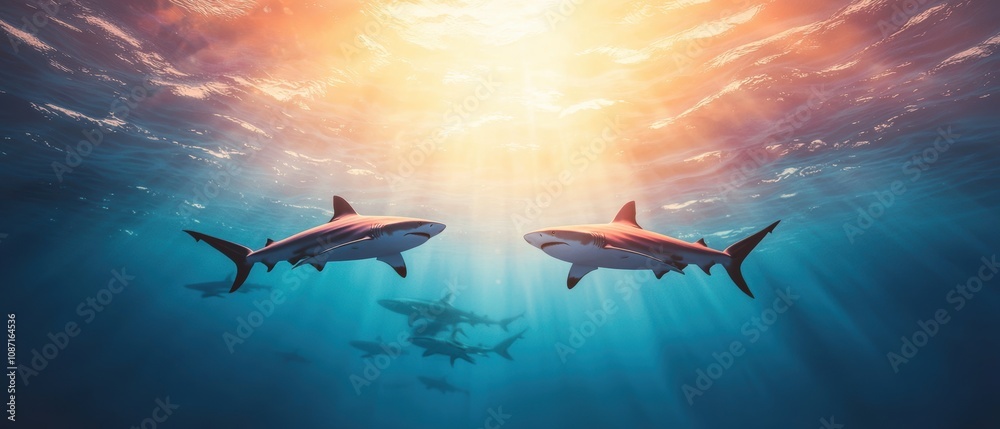 Obraz premium A serene underwater scene featuring sharks swimming gracefully in sunlight, showcasing ocean beauty and marine life conservation.