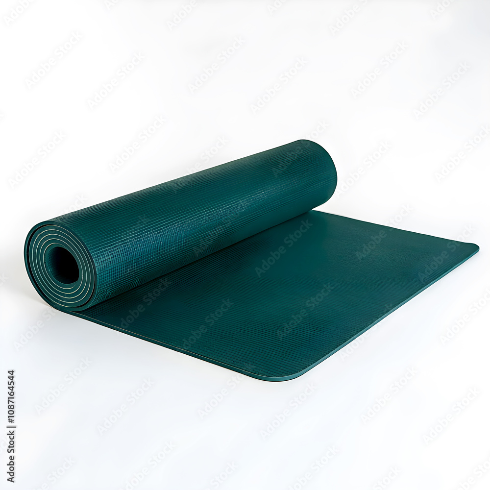 A rolled green yoga mat isolated on a white background