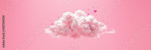 A large, textured cloud in a soft pink hue dominates the image, set against a matching background