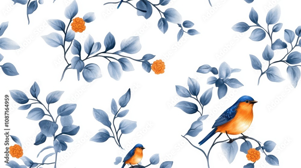 Elegant swirling vines and decorative birds in a seamless chinoiserie pattern for a touch of sophistication. Elegant swirling vines and decorative birds in a seamless chinoiserie pattern for a touch of sophistication.