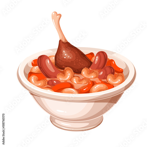 Cassoulet, French cartoon slow cooked stew with meat. Pot of traditional rustic soup with duck, sausages and beans. Cuisine of Southern France mascot, cartoon homemade cassoulet vector illustration