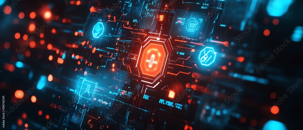 Obraz premium Futuristic digital icons representing healthcare security and trust, 3D rendering with glowing protection symbols on a dark background