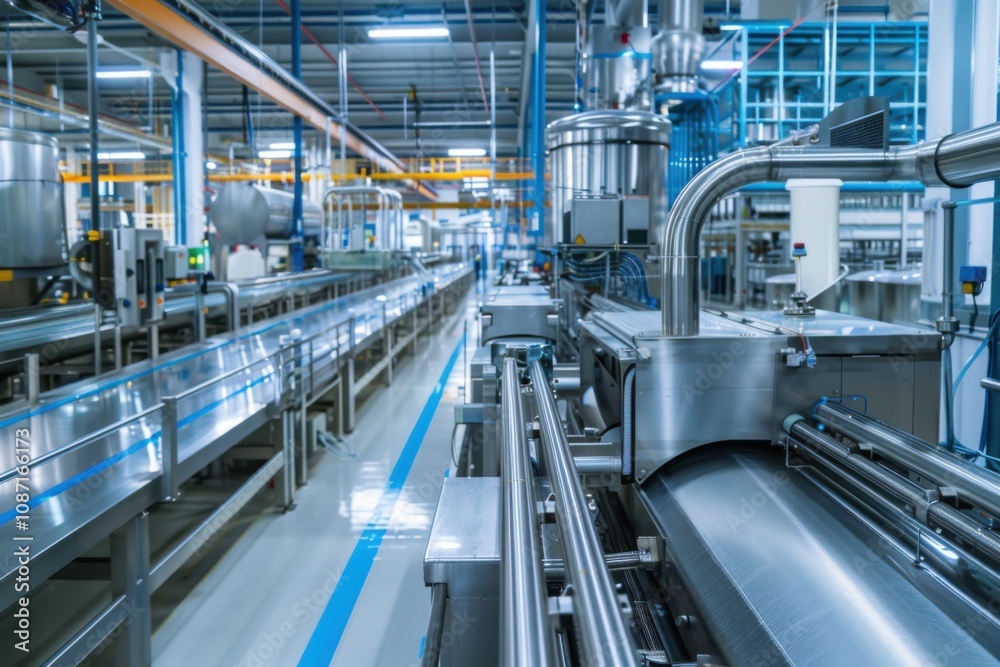 Fototapeta premium Factory Conveyor Belt Transports Products Efficiently Through Plant. Industrial Automation System.