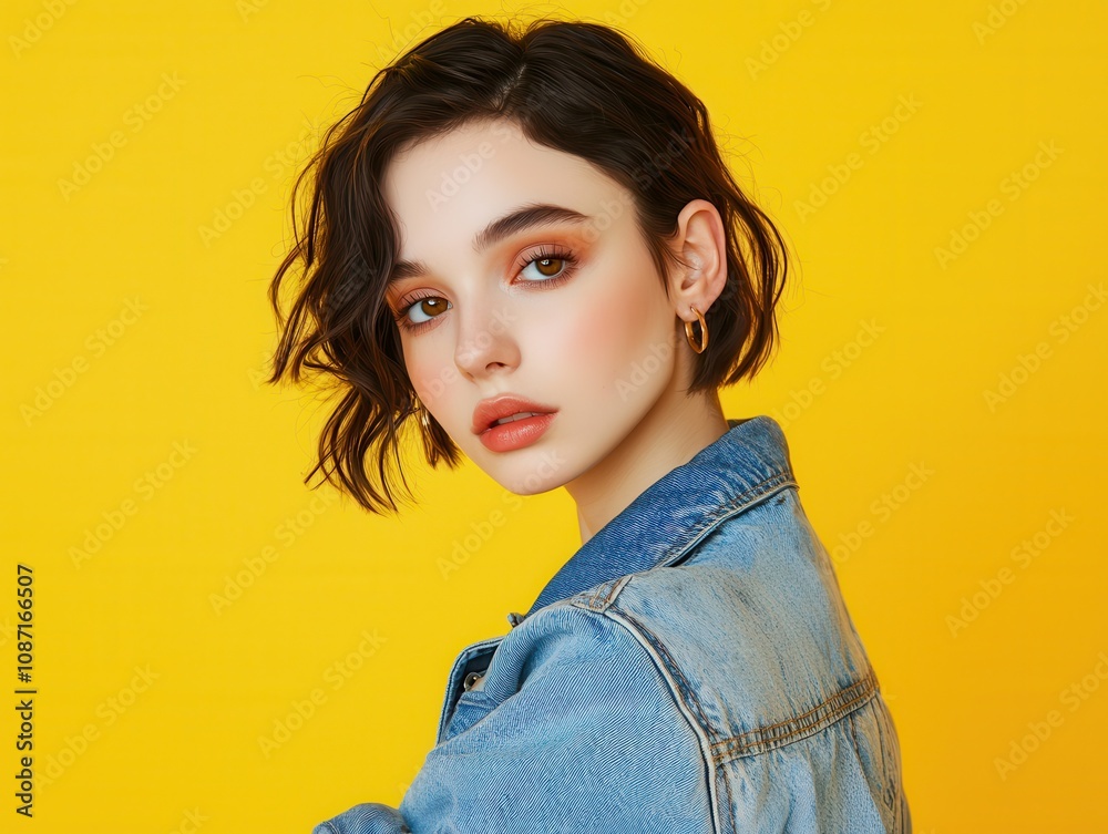 Portrait of a young woman with short hair studio fashion photography vibrant background side view beauty Portrait of a young woman with short hair studio fashion photography vibrant background side view beauty