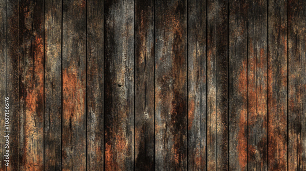 Rustic barn wood texture with rich colors and weathered appearance, showcasing deep browns, blacks, and hints of orange. Perfect for backgrounds or design elements Rustic barn wood texture with rich colors and weathered appearance, showcasing deep browns, blacks, and hints of orange. Perfect for backgrounds or design elements