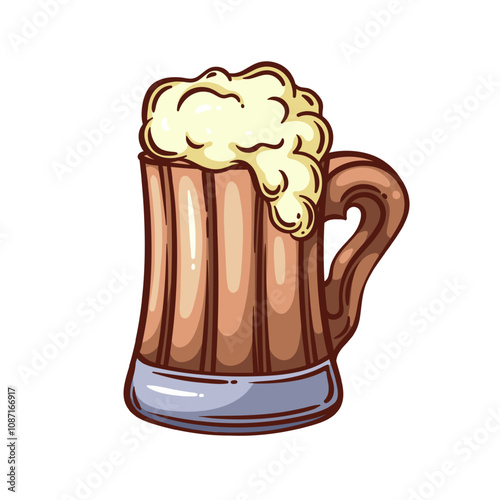 Wooden beer mug with foam line icon. Outline hand drawn vintage stein of retro tavern or pub, alcohol drink pint. Oktoberfest, party mascot, brown cup with handle color icon vector illustration