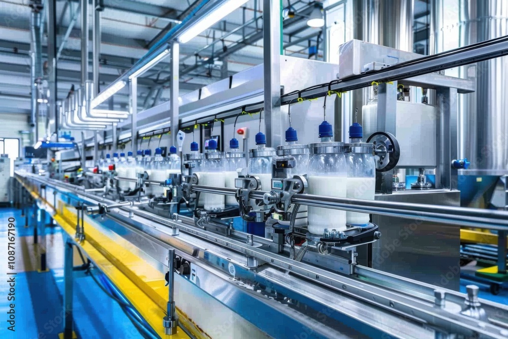Fototapeta premium Milk Bottling Plant Production Line Conveys Filled Bottles Efficiently and Smoothly