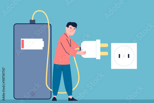 Man charge phone. Smartphone has low battery. Male hold electric plug and connects it to socket. Mobile phone dont work, recent vector concept
