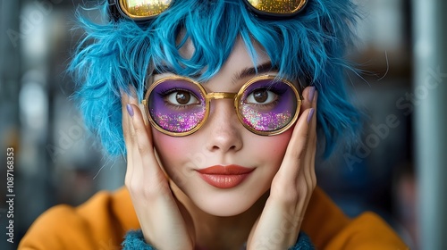 Retro pop art portrait of a woman with an electric blue shaggy mullet dramatic theatrical gold and purple makeup