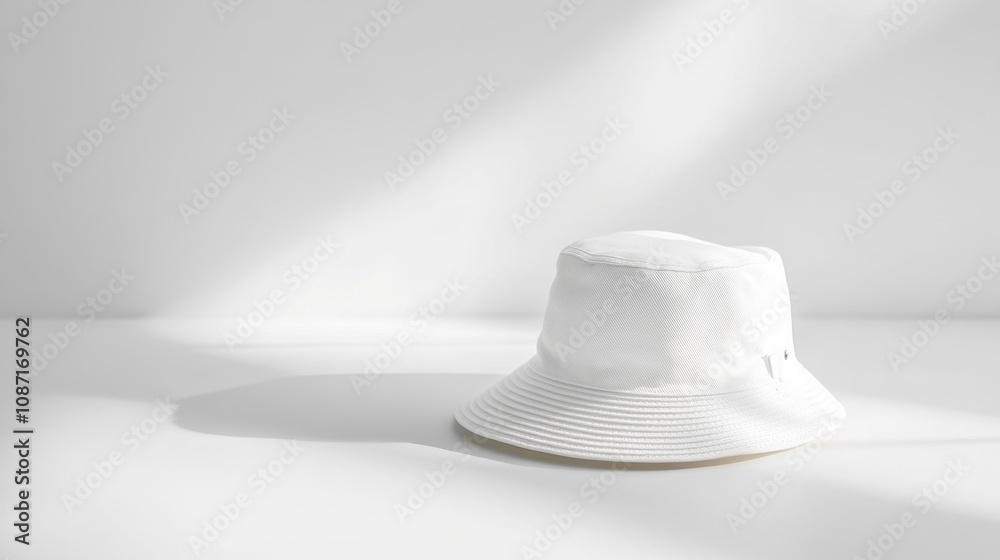 Stylish White Bucket Hat on a Minimalist Surface with Soft Natural Lighting for Fashion and Accessories Photography Stylish White Bucket Hat on a Minimalist Surface with Soft Natural Lighting for Fashion and Accessories Photography