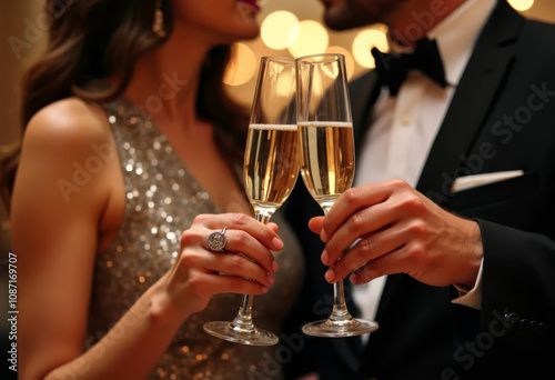 Couple toasting with champagne at a glamorous evening event under sparkling lights