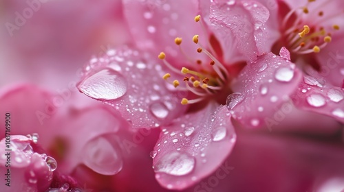 Close-up of raindrops on pink cherry blossoms, with water droplets glistening in the soft light.