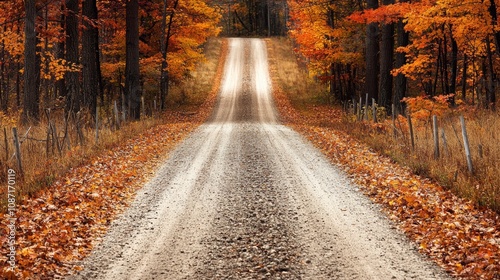 Autumn Journey on a Scenic Highway, vibrant leaves frame the road, warm sunlight bathes the landscape under a clear blue sky photo