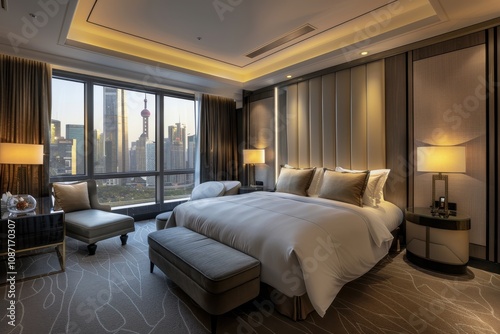 Luxury Hotel Room Shows Modern Decor, Bed, and City View with Night Lamps