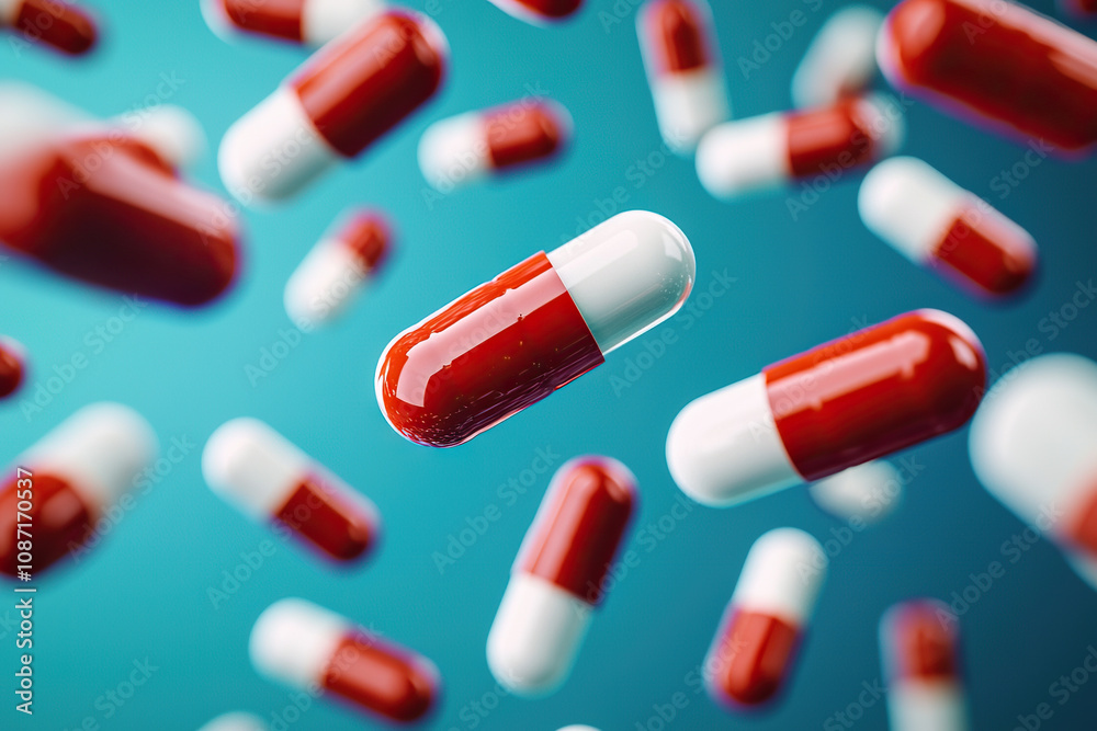 Floating red and white capsules create dynamic scene, symbolizing health and medicine. vibrant colors and motion evoke sense of vitality and well being Floating red and white capsules create dynamic scene, symbolizing health and medicine. vibrant colors and motion evoke sense of vitality and well being